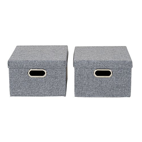 Household Essentials Collapsible Cotton Blend Storage Box with Lid and Metal Grommet Handle, Set of 2, Grey - color: Gray, size: 2 Count