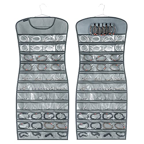 Hanging Jewelry Organizer Dual Sided 84 Clear Pockets and 6 Hook Loops Storage for Holding Jewelries Hair Accessories Dress Shaped Earring Holder (84 Pockets and 6 Hook Loops -Grey) - color: 84 Pockets and 6 Hook Loops -Grey