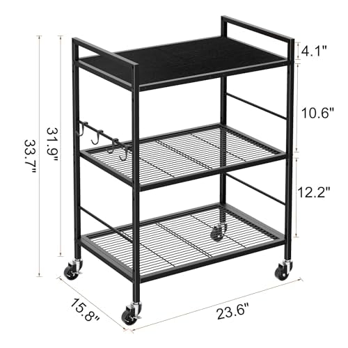 3-Tier Metal Storage Rack with Industrial Wheels,Mesh Shelving Unit with Wooden Table top,Adjustable Shelf,23.6-Inch Width,15.8-Inch Depth, for Kitchen, Laundry,Pantry,Plant,Black panel - color: Black Panel, size: 3 Tier (23.6"W x 15.8"D)