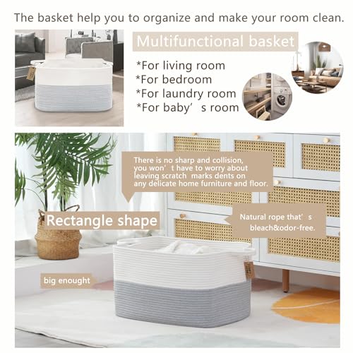 COMFY-HOMI Large Rectangle Laundry Storage Basket | Cotton Rope Woven, Organizing with Handle | Dirty Cloth & Baby Shower Basket | 22x15x12' - White/Grey - color: White/Grey, size: 22''x15''x12''