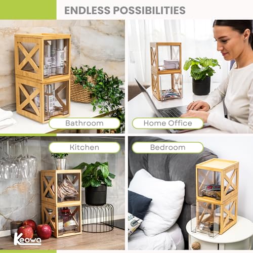 Stackable Bamboo Snack Drawer Organizer (2 Pack) – Pull-Out Storage Bins with Clear Acrylic Drawers – Pantry Storage for Snacks, Coffee Pods, Spices & K-Cups