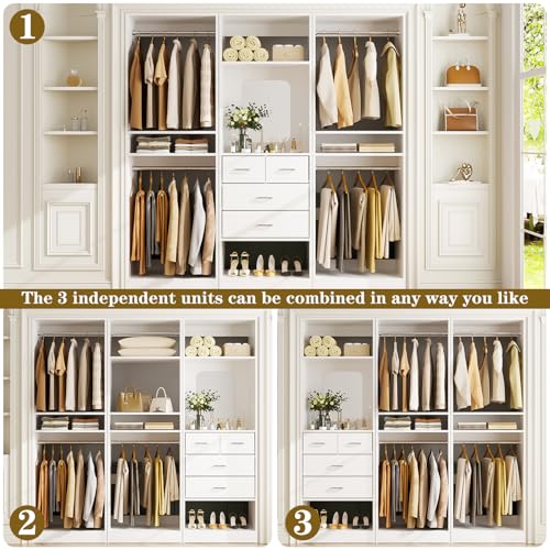 Unikito 75 Inch Closet System with 4 Drawers, 6.3FT Walk in Closet Organizer with Hanging Rods and Mirror Design, Reversible Large Closet Wardrobe with Shelves, Adjustable Closet Tower, White