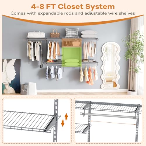 Giantex Closet Organizer System, Wall-mounted Custom Closet Kit w/Adjustable Storage Shelves, Wardrobe Clothes Rack w/Hanging Rods, Perfect for Coats, Pillows, Blanket (Gray, 98.5"x13.5"x48) - color: Gray, size: 98.5"x13.5"x48