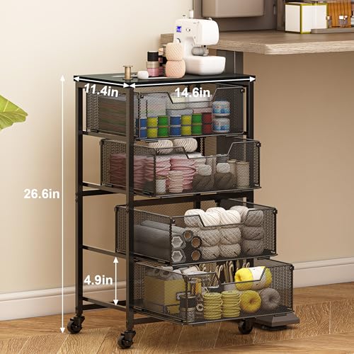 Rolling Cart with Drawers, 4-Drawer Storage Cart on Wheels with Wooden Top, Metal Utility Cart with Storage Drawers, Craft Storage Art Cart for Classroom, Office, Kitchen, Bedroom,Patent Pending - color: Black