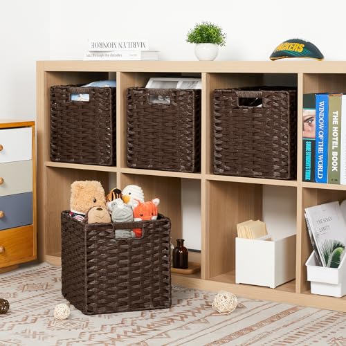 DULLEMELO Wicker Storage Baskets 11x11 Cube Storage Bins for Organizing Plastic Woven Baskets Set of 4 Waterproof Wowen Storage Cube Organizer for Pantry Closet Set of 4 - Deep Coffee - color: Deep Coffee, size: 11"-4 pack