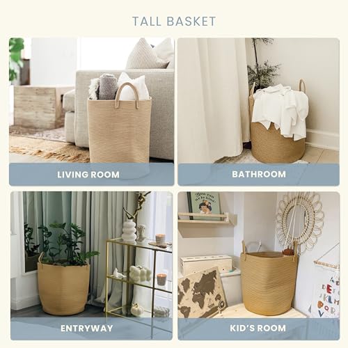OrganiHaus Large Woven Laundry Basket w/Handles 52L, Rope Dirty Clothes Hamper, Blanket Basket for Living Room, Baby Laundry Hamper for Nursery, Soft & Durable Decorative Organizer Bin - Honey - color: Full Honey, size: Tall