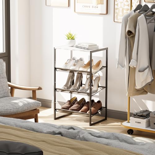 Garden 4 you Shoe Rack for Closet Narrow 4 Tiers, Small Shoe Rack with White Wooden Tabletop, Adjustable Metal Shoe Shelf for Closet Entryway Hallway Living Room - color: White, size: 4-Tier