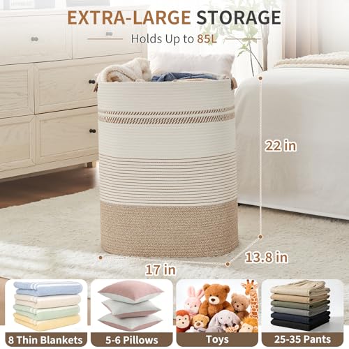 AINUOQI Laundry Basket with Handles - Blanket Basket & Hampers for Bedroom Aesthetic, Laundry Hamper & Blanket Storage for Living Room, Clothes Hamper, Tall, Large 17" x 14" x 22”, Light Brown & White - color: Light Brown & White, size: 85L