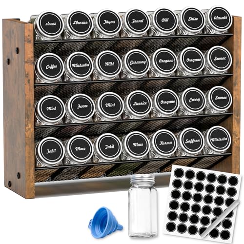 NESAPTO Spice Rack Organizer with 28 Glass Spice Jars, Wood 4-Tier Seasoning Organizer with Labels for Cabinet, Pantry, Countertop or Wall Mount, Chalk Marker and Funnel Set, 14" W × 9.4" H - size: With 28 Jars, 14"W × 9.4"H