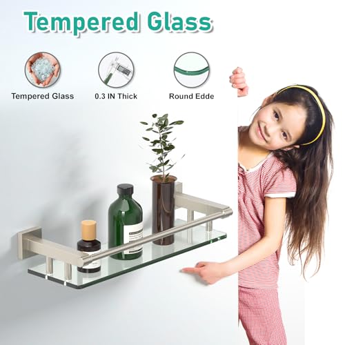 Glass Shelves for Bathroom, 16IN Brushed Nickel Bathroom Shelves for Wall Rectangular Stainless Steel Tempered Glass Modern use for Shelf Sink Over Toilet - color: Brushed Nickel, size: 16'' with Railing