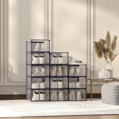 Kuject X-Large Shoe Storage Boxes Organizers Clear Plastic Stackable 12 Pack, Shoe Rack & Holder Substitute, Sneaker Containers, Toy Storage Organizer Bins for Entryway, Closet, Under Bed, Blue - color: Blue, size: X-Large