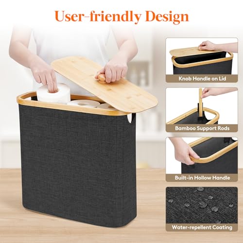 Lifewit Toilet Paper Storage Holder for 12 to 16 Rolls, Free Standing Toilet Paper Basket Stand with Bamboo Lid, Collapsible Fabric Bathroom Organizer Box for Mega Rolls, 30L, Extra Large, Dark Gray - color: Dark Gray, size: 30L