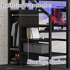 Bellemave Queen Loft Bed with Desk & Wardrobe, Heavy Duty Metal Loft Beds Frame with Storage Stairs, LED Loft Bed Queen Size with Charging Station & Safety Guardrails, No Box Spring Needed, Black - color: Black, size: Queen