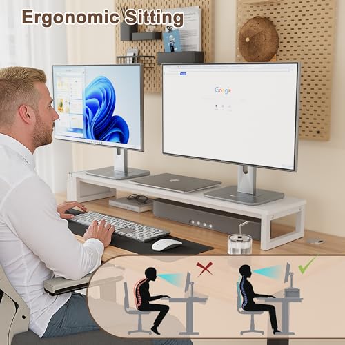 LAND·VOI Dual Monitor Stand Riser,41.5'' Long Monitor Stand for 2 Monitors, Wood and Steel Computer Monitor Stand, Desktop Oraganizer with Pen Holder, Monitor Riser for Desk Computer,Laptop,TV, White - color: White, size: Single-Type