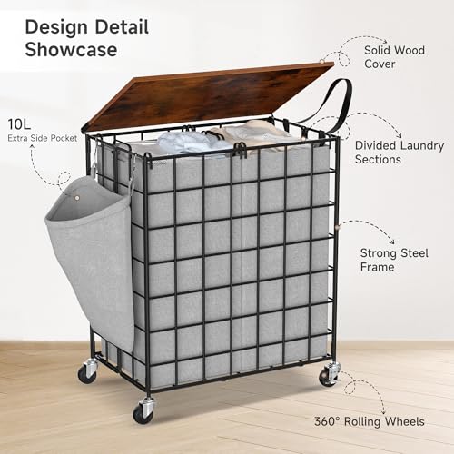 Laundry Basket with Wheels, Heavy Duty Laundry Sorter 2 Sections, Large Capacity 120L (32Gal.) Laundry Hamper with Wood Lid, 360 Rolling Wheels, Extra Side Pocket, Leather Pull Handle, Grey - color: Grey, size: 120L