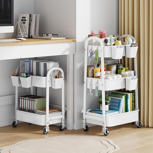 2 Tier Rolling Cart Metal with Wheels, White Under Desk Storage Roller Caddy on Wheels, Two Tiered Short Shelf Trolley, Small Utility Organizer Carts for Dorm, Bathroom, Craft, Art, Baby, Pantry,Snack - color: Simple White, size: 2 tier