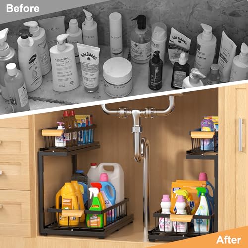 Under Sink Organizer 2 Tier, Pull Out Drawer Slides Under Sink Storage for Bathroom Kitchen,Multi-Purpose Drawer Under Cabinet Organizer for Cleaning Supplies (Black, Large-1 Pack) - color: Black, size: Large-1 Pack