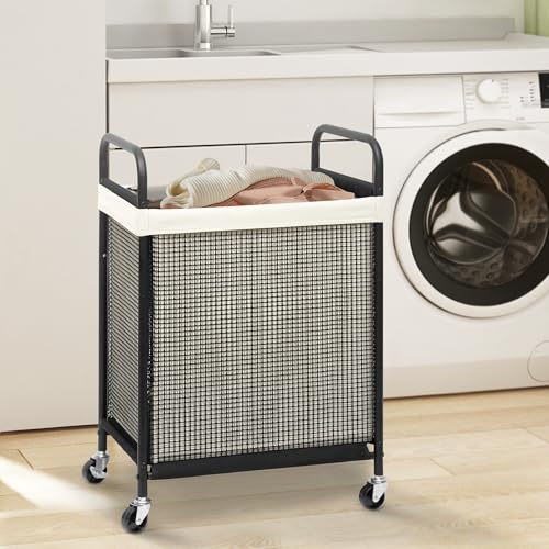 STORAGE MANIAC Rolling Laundry Hamper with Wheels 1-Section Laundry Sorter Rolling Laundrys Basket on Wheels with Removable Bag Clothes Hamper Laundrys Organizer Cart Bathroom Bedroom 90L Beige - color: Beige, size: 1-Section