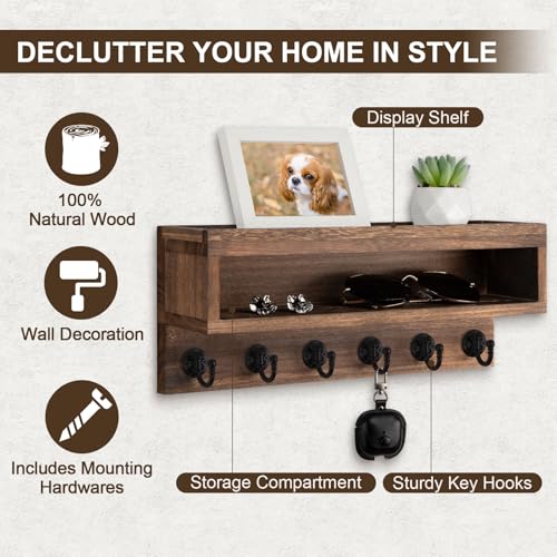 Key and Mail Holder Wall Mount, Key Hanger with Long Storage Box and 6 Hooks for Coat, Dog Leash, Home Decor Rack, House Accessories, Entry Way Organizer (Brown) - color: Brown