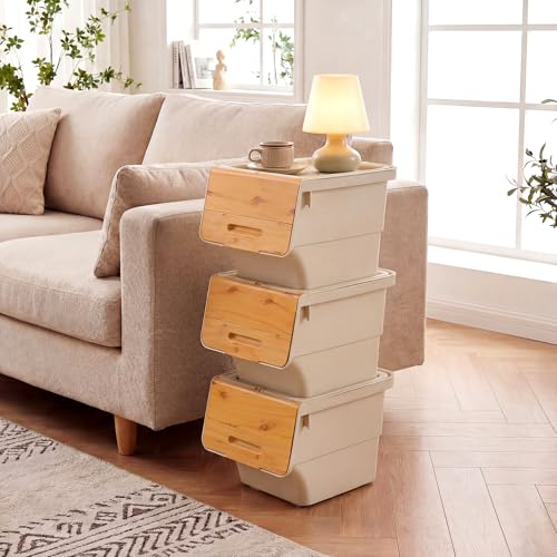 Giantex Plastic Stackable Storage Bins with Lids & Wheels, 3 Pack Open Front Stacking Bins, Organizer Bins for Pantry, Kitchen, Laundry, Closet, Playroom, Bedroom Organization (12.5 QT) - color: White + Natural, size: 3 Pack, 12.5 QT