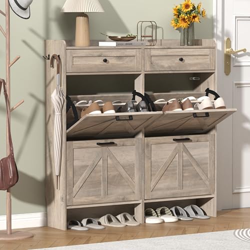 Thacuok Shoe Cabinet with 4 Flip Drawers & 2 Storage Drawers, Rustic Farmhouse Narrow Shoe Organizer Cabinet, Slim Shoe Rack Cabinet, Shoe Storage Cabinet for Entryway, Hallway, Front Door - color: Grey, size: 4 Drawers
