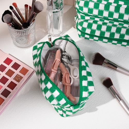 SOIDRAM 2 Pack Checkered Makeup Bag for Women, Cute Makeup Pouch Small Makeup Bag Travel Cosmetic Organizer for Toiletries, Brushes & Skincare - color: Green, size: 2 Pack