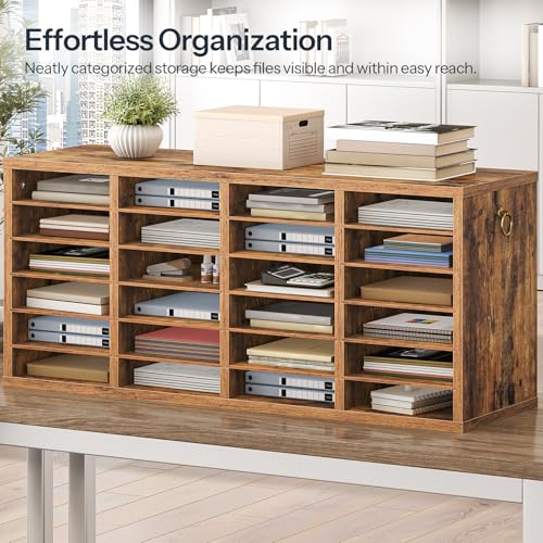 HOOBRO Literature Organizers, 24 Compartments Office Mailbox with Adjustable Shelves, Wood Countertop Literature Sorter for Office, Home, Classroom, Mailrooms Organization Rustic Brown FG64WF01 - color: Rustic Brown, size: 37.4"L