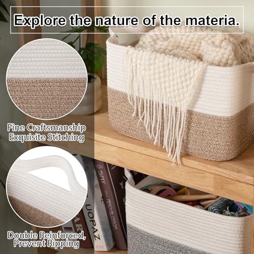 OIAHOMY Woven Storage Basket for Shelves, Rectangle Cotton Rope Baskets for Organizing, 16.5 x 13 x 11.8 in, Storage Bins for Dog Toys,Towel,Books,Gift,Brown and White - color: Brown and White, size: 16.5"x13"x11.8"