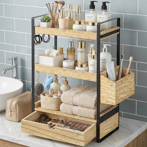 3-Tier Bathroom Counter Organizer with Drawer Basket and Hooks, Wood Bathroom Organizers and Storage for Countertop, Farmhouse Brown Countertop Organizer, Counter Shelf for Vanity, Kitchen,Office - color: Dark Brown