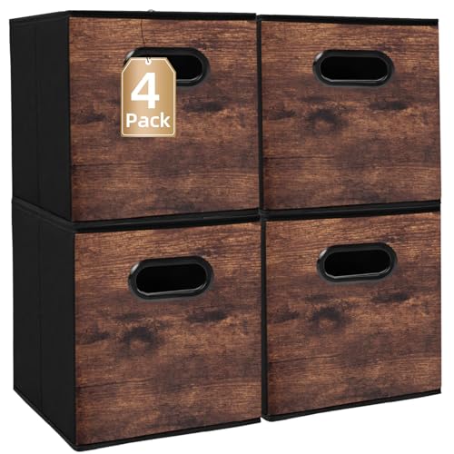 Fabric Storage Cubes, Collapsible Imitation Wood Organizer bins with 2 Handles - Set of 4, Fit Cube Storage Unit, for Clothes, Bedroom, Brown and Black (Small-10.5in x 10.5in x 11in-4 Pack) - size: Small-10.5in x 10.5in x 11in-4 Pack