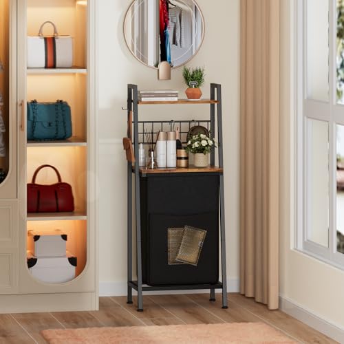 Furnulem Laundry Hamper, Vertical Laundry Basket with 2 Tiers Wooden Shelf and Hooks, Clothes Hamper with Pull-Out and Removable Bag for Bathroom, Bedroom, Dorm, 13.21 Gallons (50L) - size: 1-Bag Laundry Hamper