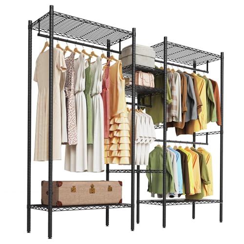 GarveeHome Heavy Duty Metal Clothes Rack – Adjustable Shelves, Freestanding Portable Wardrobe Organizer, Commercial Closet System for Garment Storage, Max Load 1210 LBS, Black – 86.2 x 17.3 x 76.4