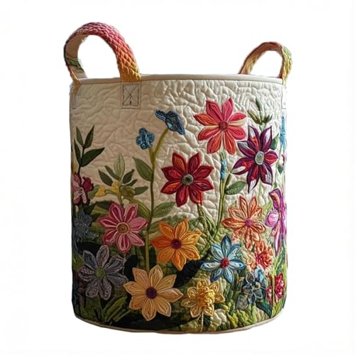 Quilted Laundry Basket with Handles, Boho Floral Quilted Storage Hamper, Large Soft Fabric Laundry Basket for Nursery, Bedroom, Laundry Room,Clothes & Toys (Pattern 04, Large (28"H x 20"W x 20"L)) - color: Pattern 04, size: Large (28"H x 20"W x 20"L)
