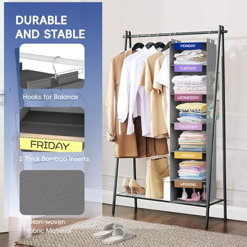 VERONLY Weekly Hanging Closet Organizer for Kids, 6-Shelf Clothes Storage with Labeled Days of The Week Monday Through Friday, Weekday and Weekend, Days of The Week Clothes Organizer - color: Grey