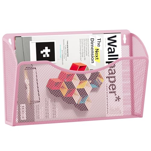 EasyPAG Wall File Organizer, Metal Mesh Hanging File Folder Holder for Letter/A4 Size Folders, Vertical Wall Mount Mail Sorter for Office Paperwork, Classroom, Pink - color: Pink