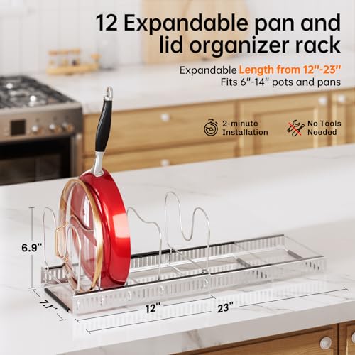 MUDEELA Pot Rack - Expandable Pots and Pans Organizer under Cabinet, Pot Lid Organizer Holder with 12 Adjustable Compartment, Kitchen Cabinet Organizer and Storage for Cutting Board, Skillets Pan - style: 12 Dividers-Silver