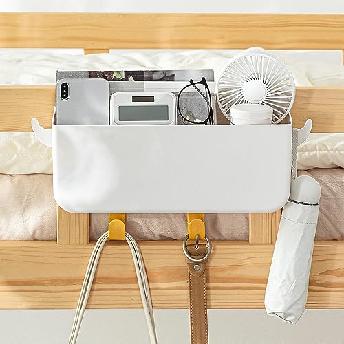Poeland Hanging Storage Basket with Hooks, Bedside Organizer Shelf, Bunk Bed Storage Caddy Holder for Remote, Phone, Glasses, Bottle in Dorm, Bedroom, Bathroom, Camper, Rv, Loft Bed - color: White