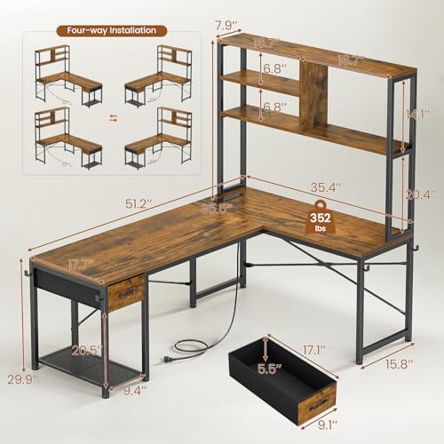 SEDETA L Shaped Gaming Desk, 51.2" Reversible Small Corner Desk with Drawer, Power Outlet & LED Lights, Computer Desk with Storage Shelves for Small Space, Rustic Brown - color: Rustic Brown