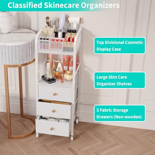 HapiRm Rolling Makeup Cart Organizer - Floor Skincare Make Up Storage with 3 Non-woven Fabric Drawers, Vanity Organizer Cosmetic Display Cases Holder for Skin Care Perfume Nail Polish Brush Hair Tool - color: White