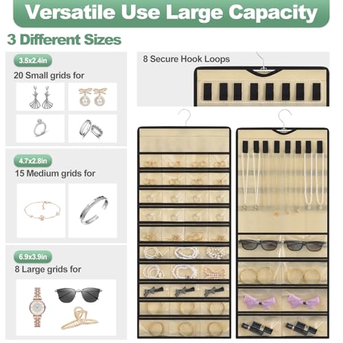 Hanging Jewelry Organizer – Jewelry Holder for Earrings, Necklaces, Rings – Closet Hanging Organizer & Travel hanging Jewelry Organizers for Women, Wall or Door Use, Day Gifts (Beige) - color: Beige