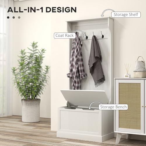 HOMCOM Hall Tree with Bench and Shoe Storage, 3-in-1 Entryway Bench with Coat Rack, 4 Hooks and Flip Top Storage Compartment, Cream White - color: Cream White, size: 28"