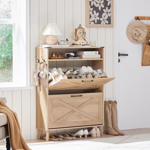Joaxswe Shoe Cabinet Storage for Entryway with 2 Flip Drawers 2 Hook Open Storage Layer Rack Narrow Organizer Slim Hidden Wood Shoe Cabinet Furniture Natural - color: Natural