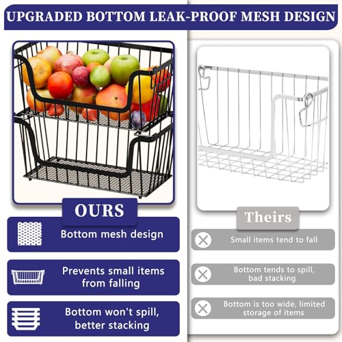 4 Pack Enhanced Leak-Proof Bottom Stackable Wire Baskets, Pantry Organizers and Storage, pantry storage，Shelf Baskets, Fruit Basket, Potato and Onion Storage Bins，(Black) - color: 4Pack-Black Baskets