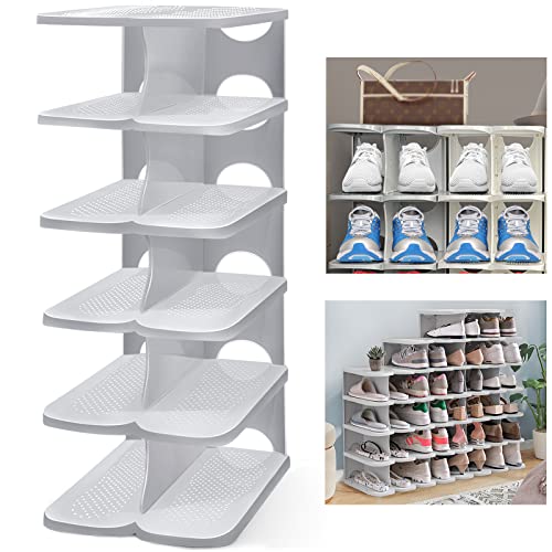 6-Tier Thickening Cubby Shoe Rack, Free Combination Shoe Organizer for Closet, Free Standing Shoe Tower, Stackable Space-Saving Adjustable Shoe Storage Shelf, Grey - color: Grey