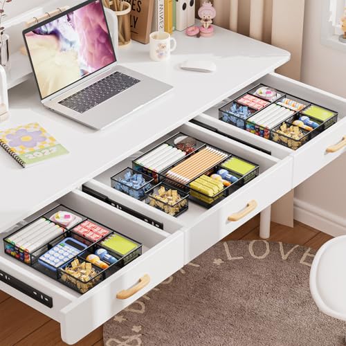 Marbrasse 3 Packs Desk Drawer Organizers, Metal Mesh Dividers Desk Drawer Organizer Tray with 9 Adjustable Compartments, Pen Organizer for Drawer Tray Box Accessories for Desktop,Kitchen, Makeup - color: Black Drawer Organizer