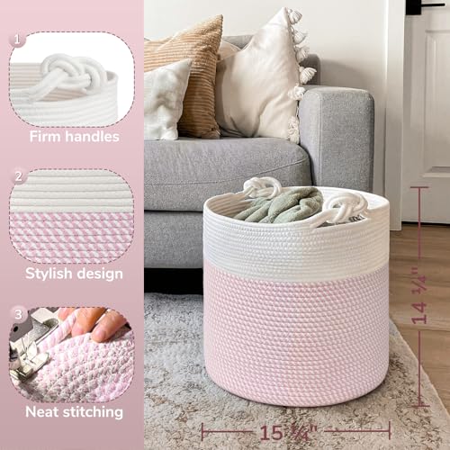 Goodpick Baby Storage Basket, Pink Laundry Basket 15 x 14.2 Inches, Toy Basket for Clothes, Nursery Basket for Toys, Soft Woven Basket for Storage, Pink - color: Pink, size: 15 × 14.2 inches