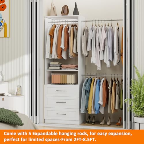 5–9FT Closet System with 3 Wood Drawers, Closet Organizer System with 5 Expandable Hanging Rods, Walk-in Closet System with Shelves, Wall Mounted Built-in Closet Organization System