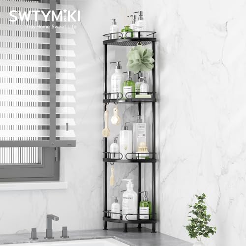SWTYMIKI Corner Shower Caddy Standing - 4 Tier Stainless Steel Shower Organizer Stand with 4 Hooks & Soap Holder, Rustproof Metal Standing Tall Floor Shower Shelf and Bathroom Organizer, Black - color: Black-4 tier