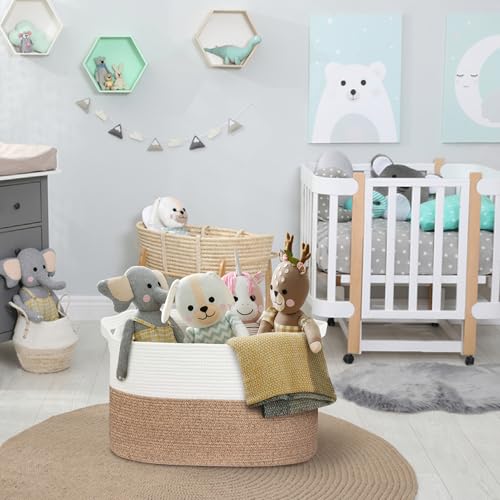 MEGASKET 108L Super Large Blanket Basket, 25" x 16" x 16" Woven Jumbo Basket for Blankets, Toys, Laundry, Extra Large Cotton Rope Pillow Holder Organizer, Entryway Shoes Bin, Living Room Storage - color: White & Brown, size: 25"x16"x16"