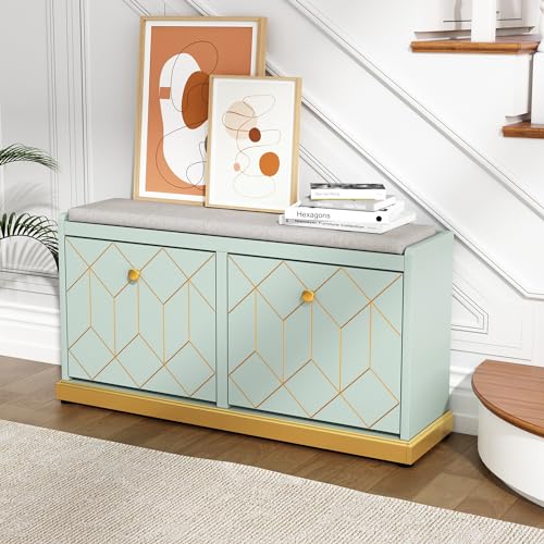 HLR Shoe Bench with Storage, Modern Entryway Bench with 2 Flip Drawer & Padded Cushion Seat, Shoes Storage Bench for Hallway, Closet, Living Room, Green Shoe Storage Cabinet with Bench - color: Green